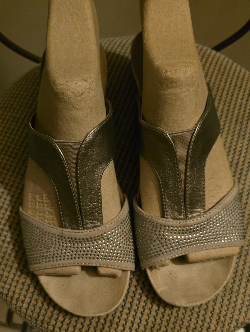 Nicole Metallic Taupe T-Strap Sandals with Crystal Band